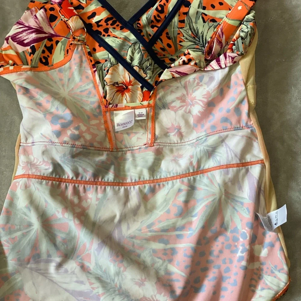 Roaman's 14W Tropical Faux-Wrap 1-Piece Swimsuit - Picture 6 of 8